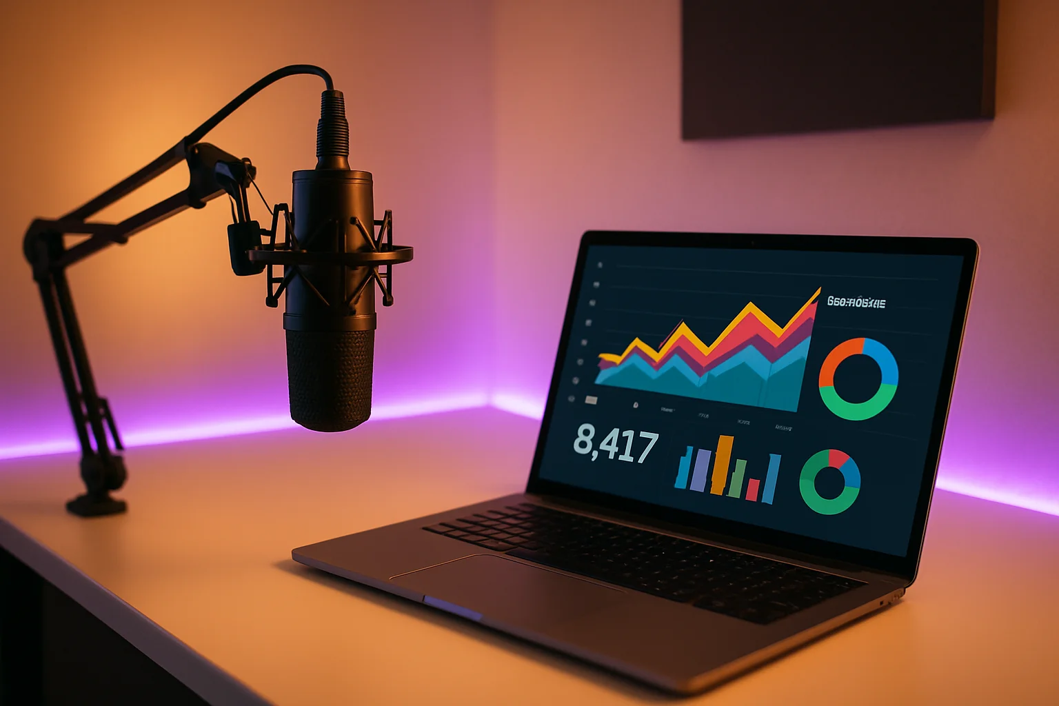 Professional podcast studio with microphone and laptop showing analytics dashboard