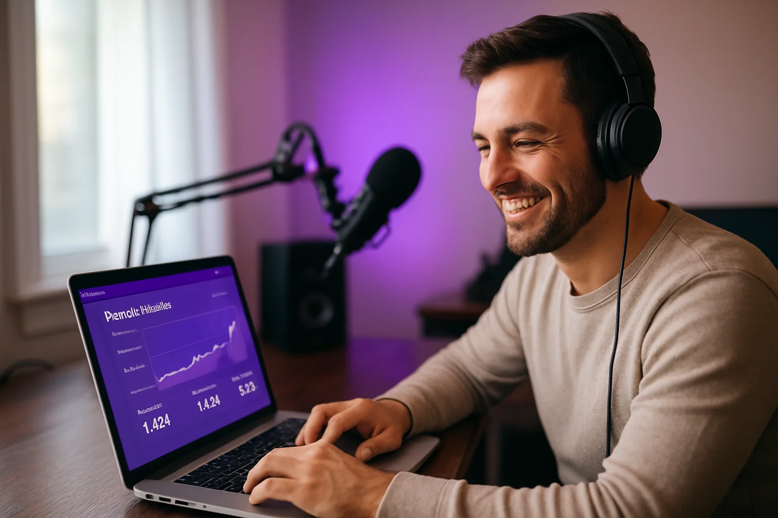 Happy podcaster reviewing podcast hosting dashboard with growing download metrics