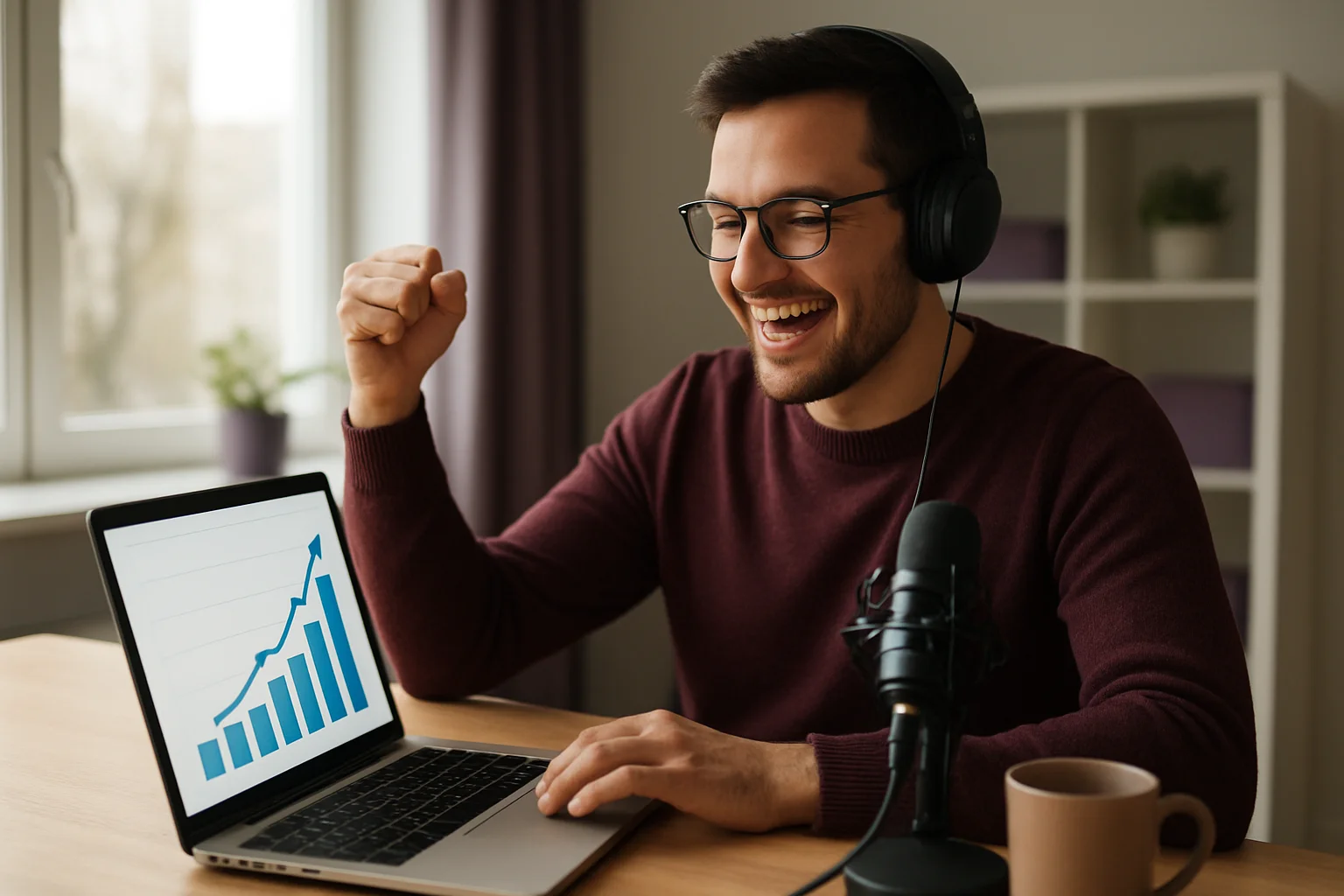 Happy podcast creator at home studio desk celebrating growing analytics on laptop screen