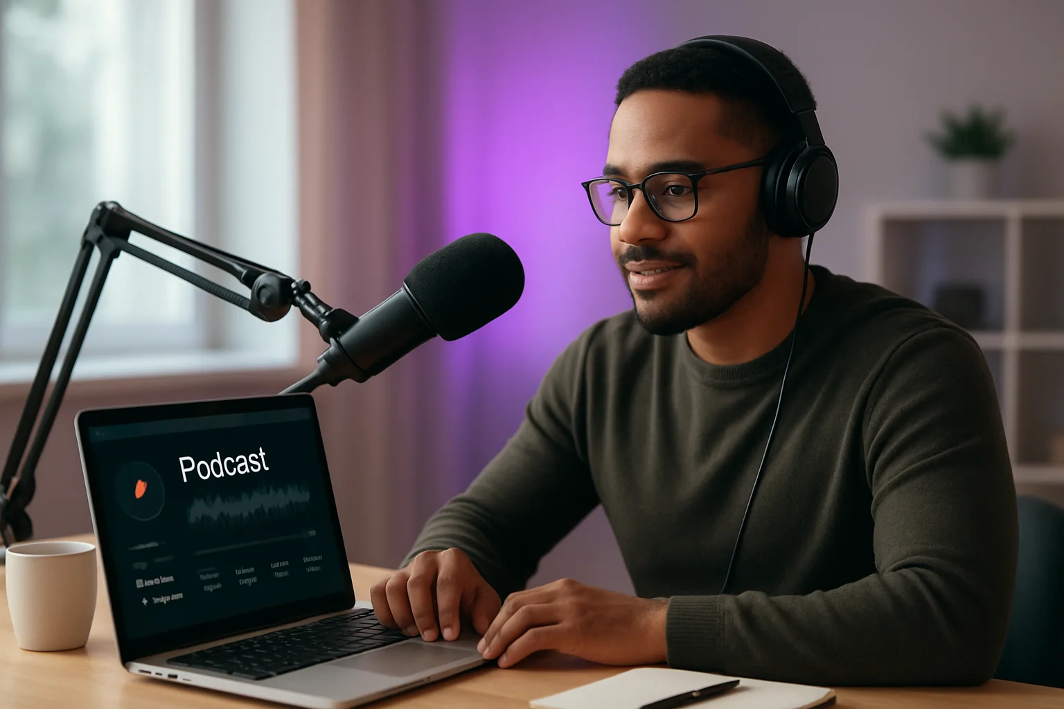 Podcaster confidently working at modern setup with migration dashboard