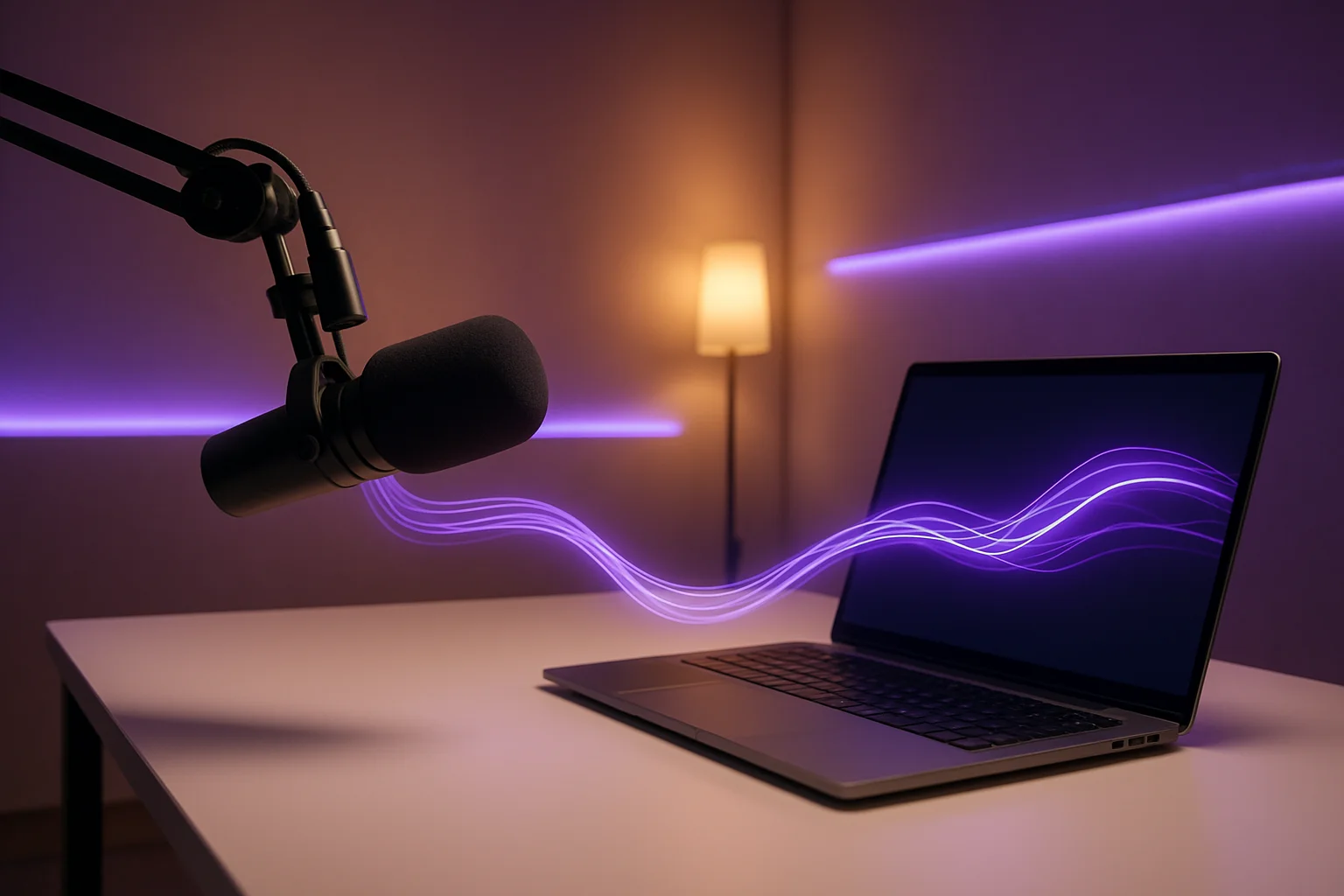 Modern podcast studio with professional microphone and laptop, showing seamless migration with glowing purple connection lines