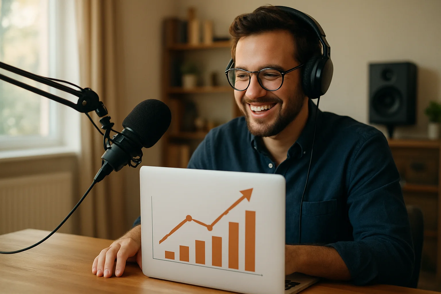 Happy podcaster celebrating successful migration with laptop showing upward trending analytics
