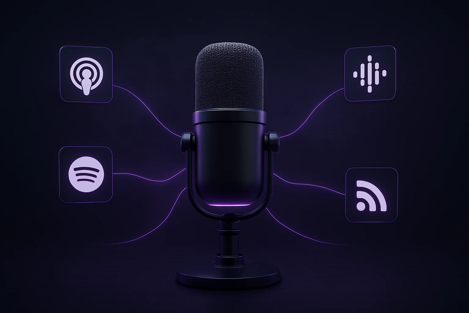 Modern podcast microphone with glowing connection lines reaching multiple streaming platforms