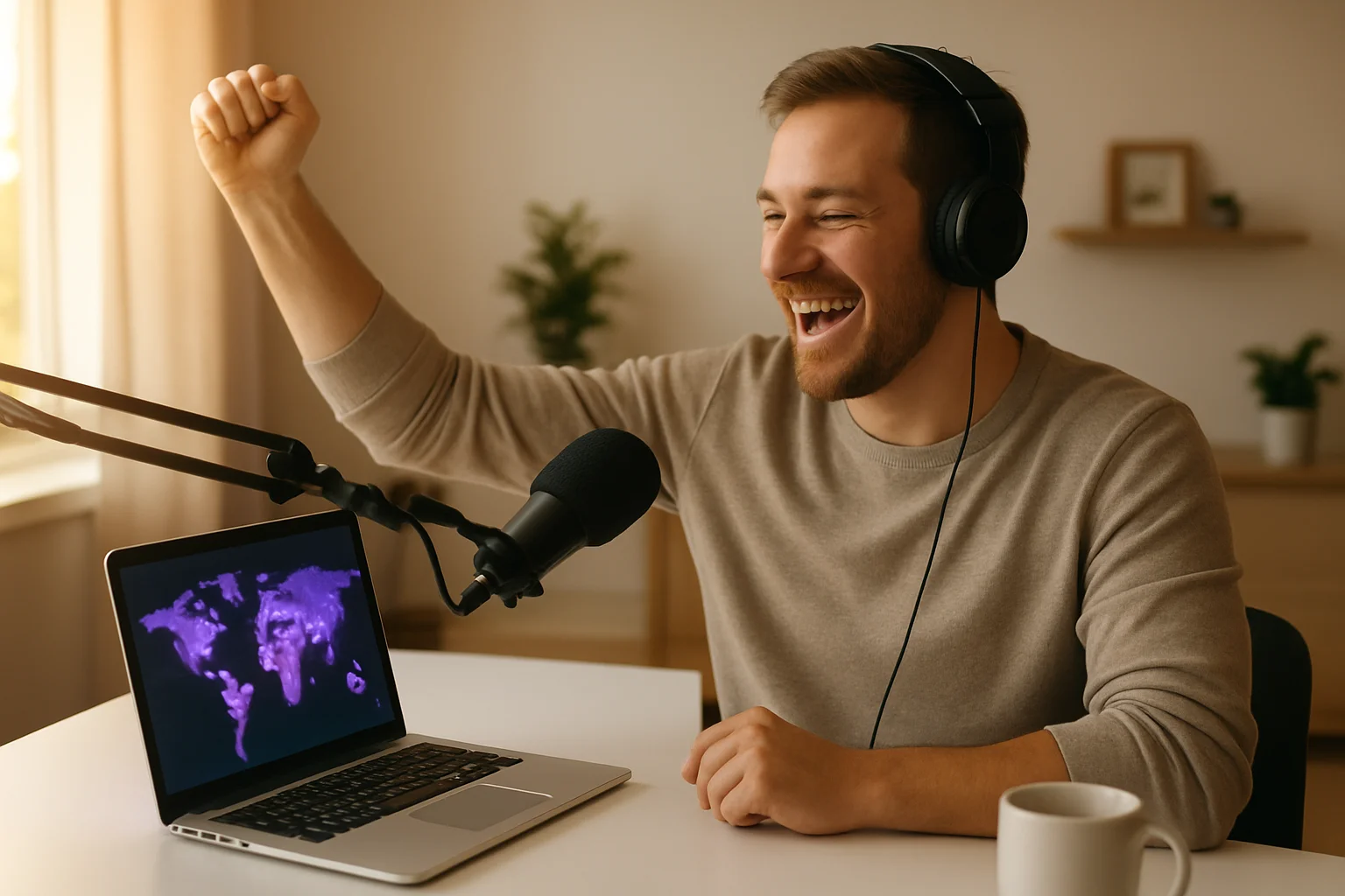 Happy podcaster celebrating successful distribution to multiple platforms