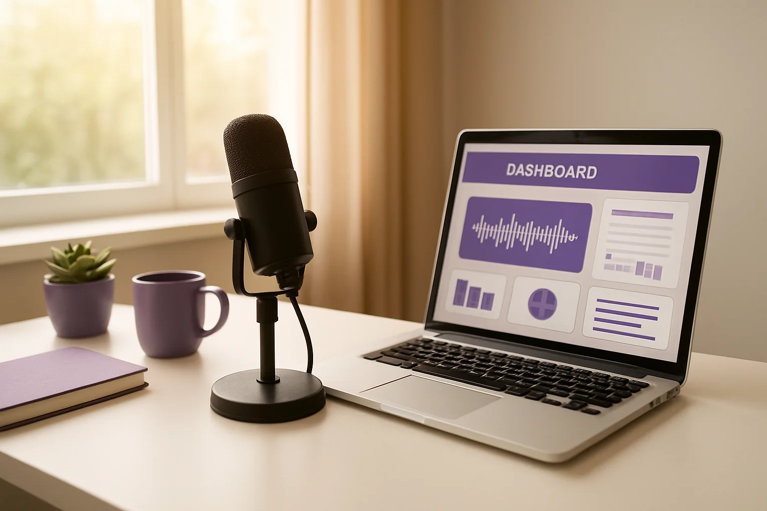 Welcoming beginner podcast studio setup with simple microphone and laptop