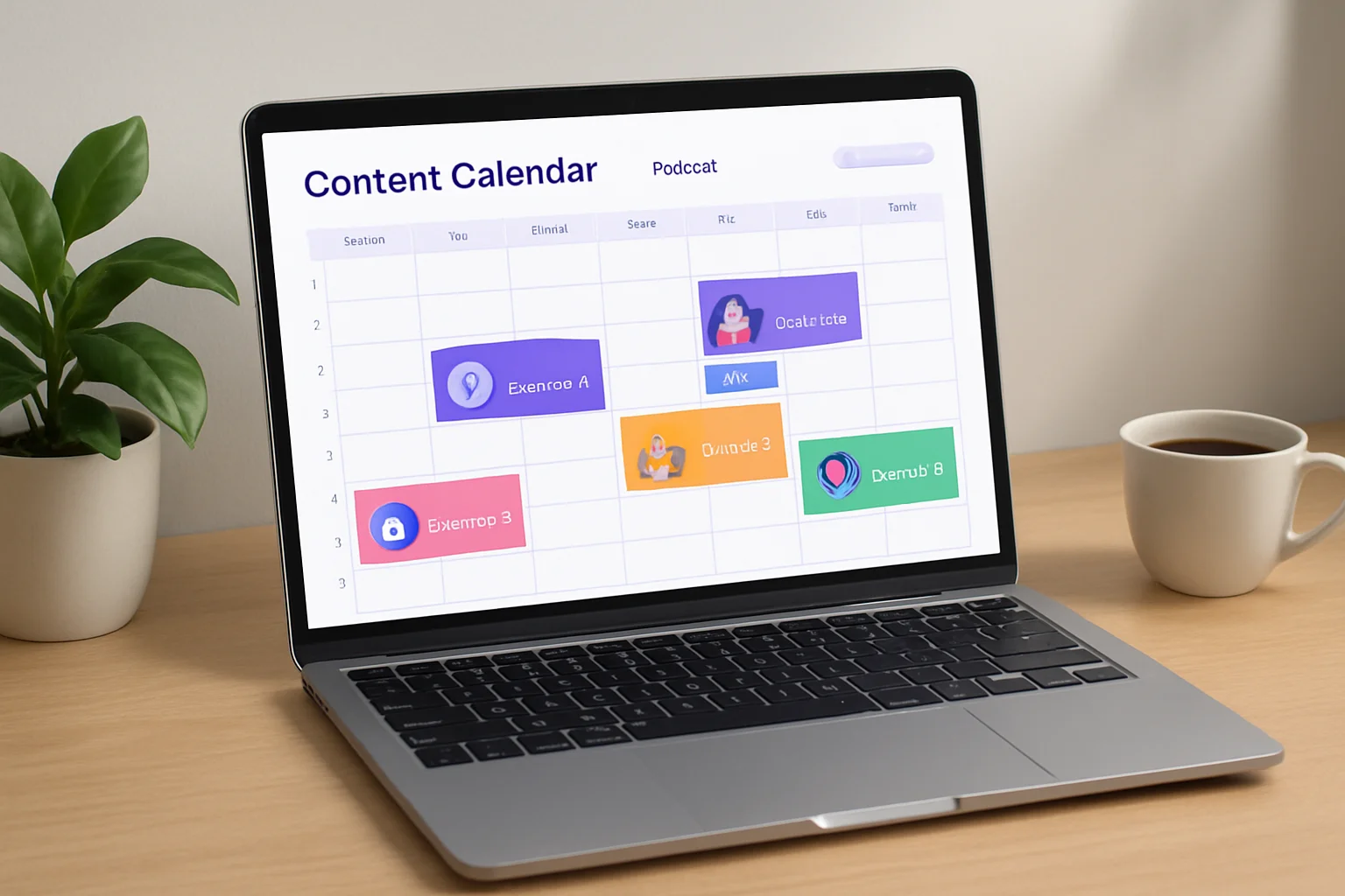 Modern podcast content calendar with scheduled episodes on laptop screen