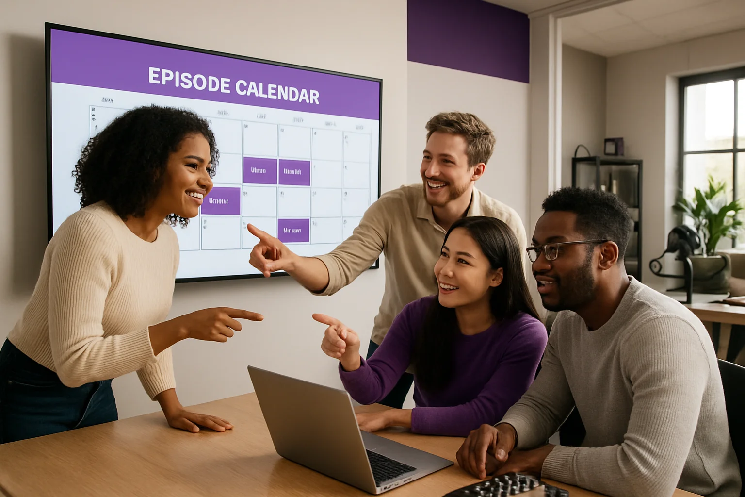 Podcast production team collaborating on episode schedule