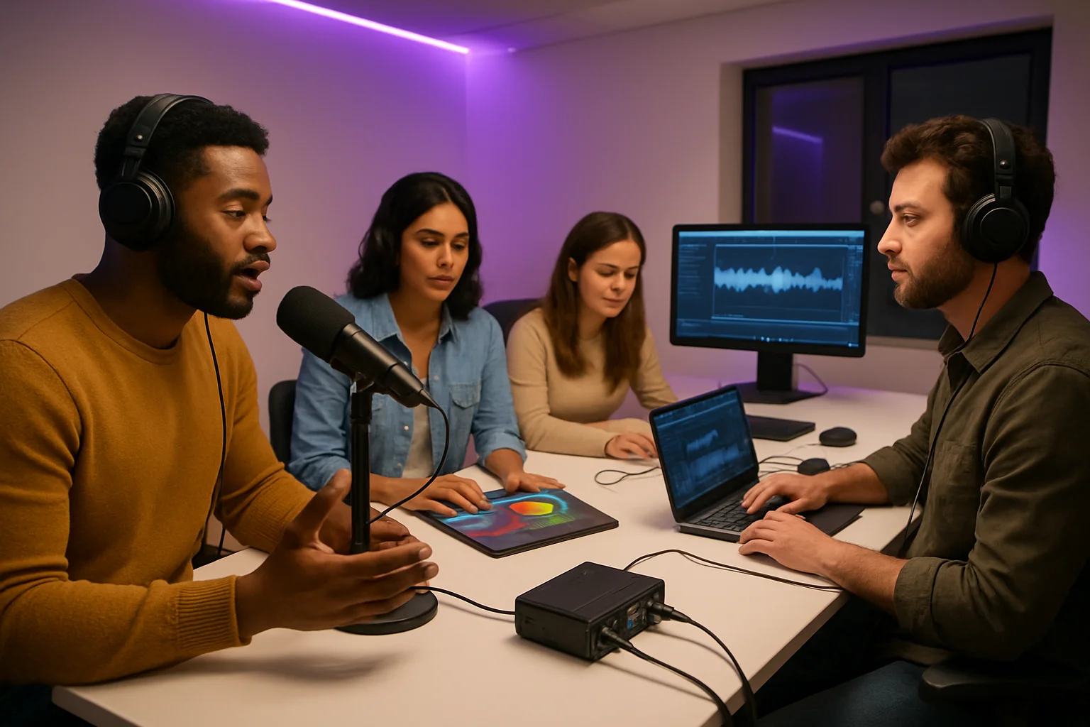 Podcast production team collaborating in modern studio with equipment and dashboards
