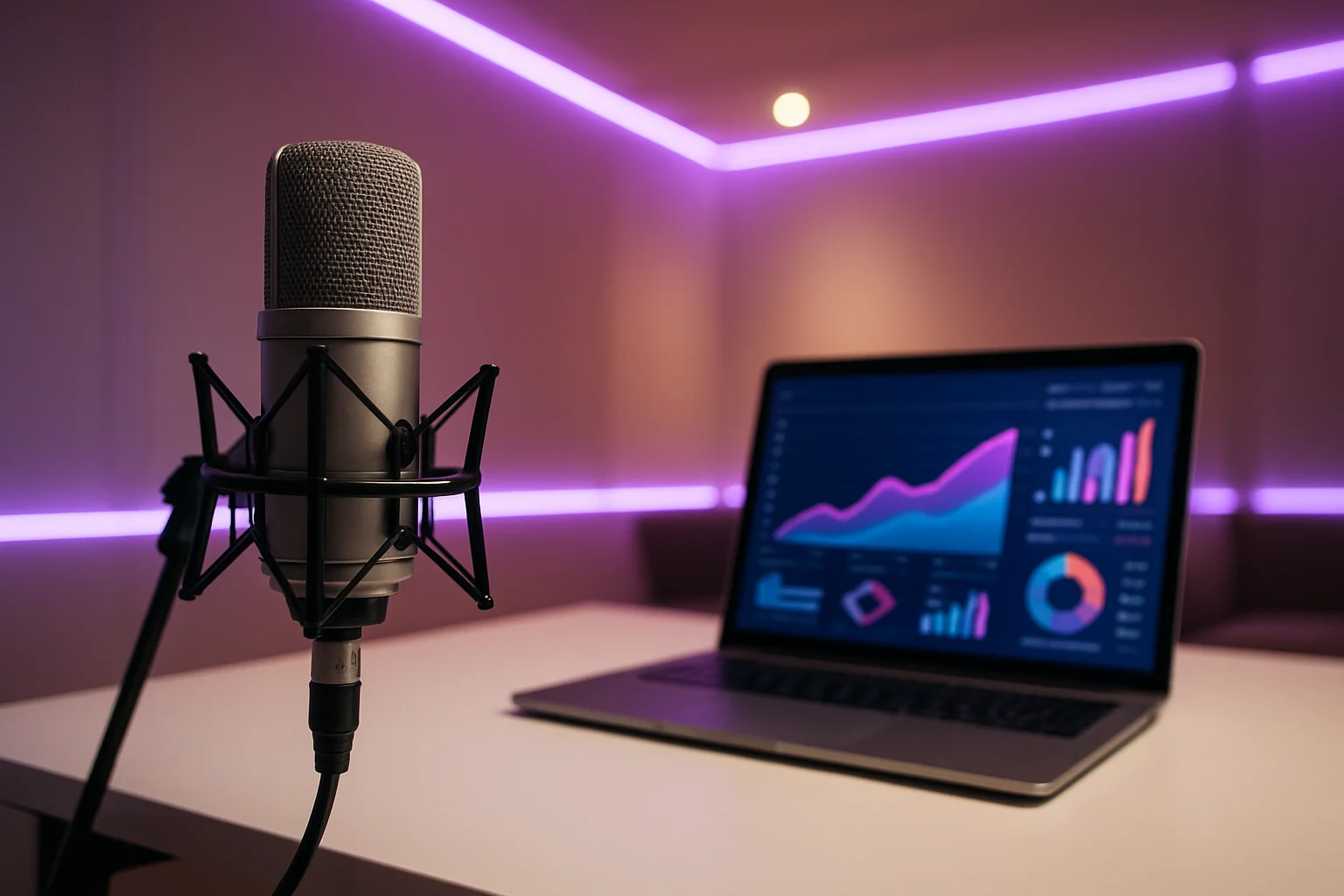Professional podcast studio with analytics dashboard showing growth without limits