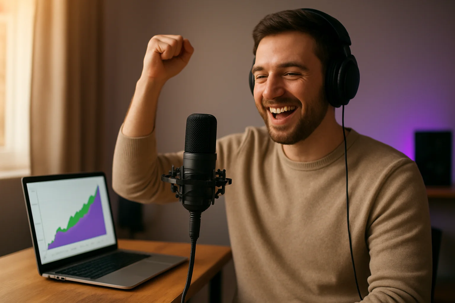 Happy podcaster celebrating podcast growth and success